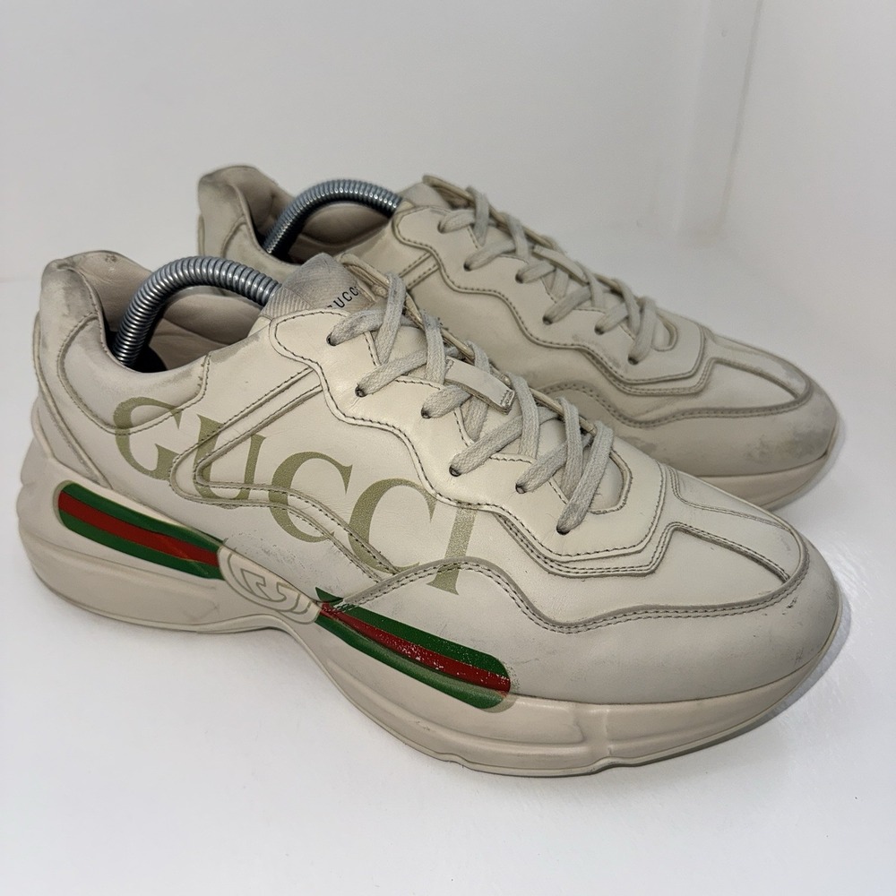Gucci Rhyton Web Print Leather Sneakers Mens 9.5G US10 EU43.5 Ivory 523535 Italy